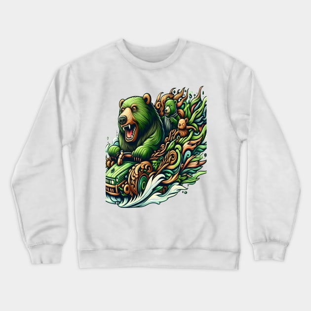 Animated Bears Riding a Green Car in a Vibrant Fantasy Illustration Crewneck Sweatshirt by coollooks